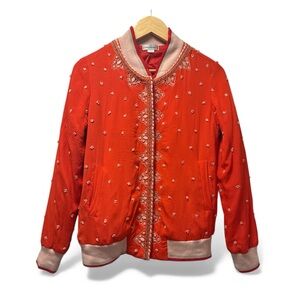 Anthropologie Conditions Apply Arabella Red Embroidered Bomber Jacket Size Small